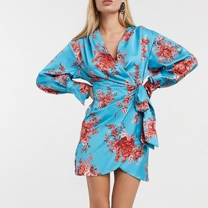 ASOS satin mini wrap dress in bright floral print